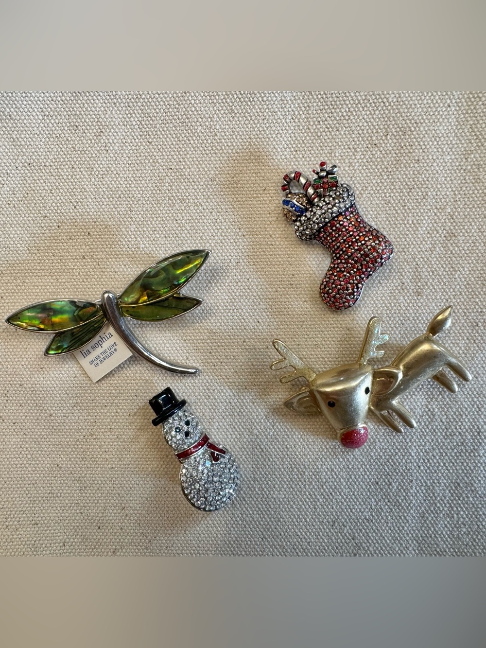 Lia Sophia Green Dragonfly and Festive Jewel Pin Set